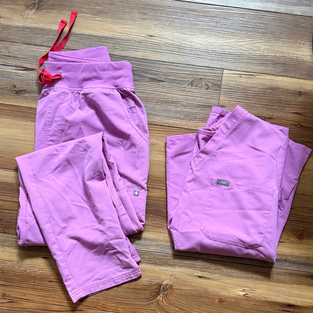 Figs Women's Scrub Set in Pink with Red Drawstring